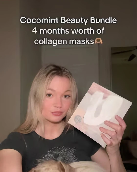 A creator showing a collagen face mask in a Cocomint Beauty video
